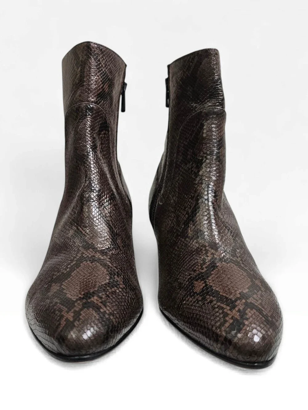 VINCE Meta Brown Snake Print Leather Pointed Toe Kitten Heel Ankle Booties 8.5M